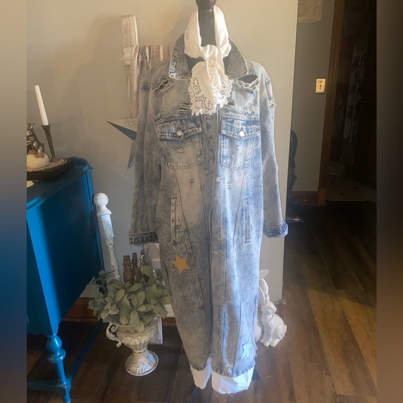 Vintage Upcycled Maxi Denim Jacket Primitive Moon & Stars Boho Shabby Country 3X - Picture 16 of 16